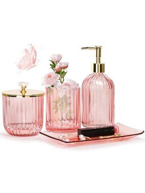 Pink Glass Bathroom Accessories Set Soap Dispenser Toothbrush Holder Vanity Set